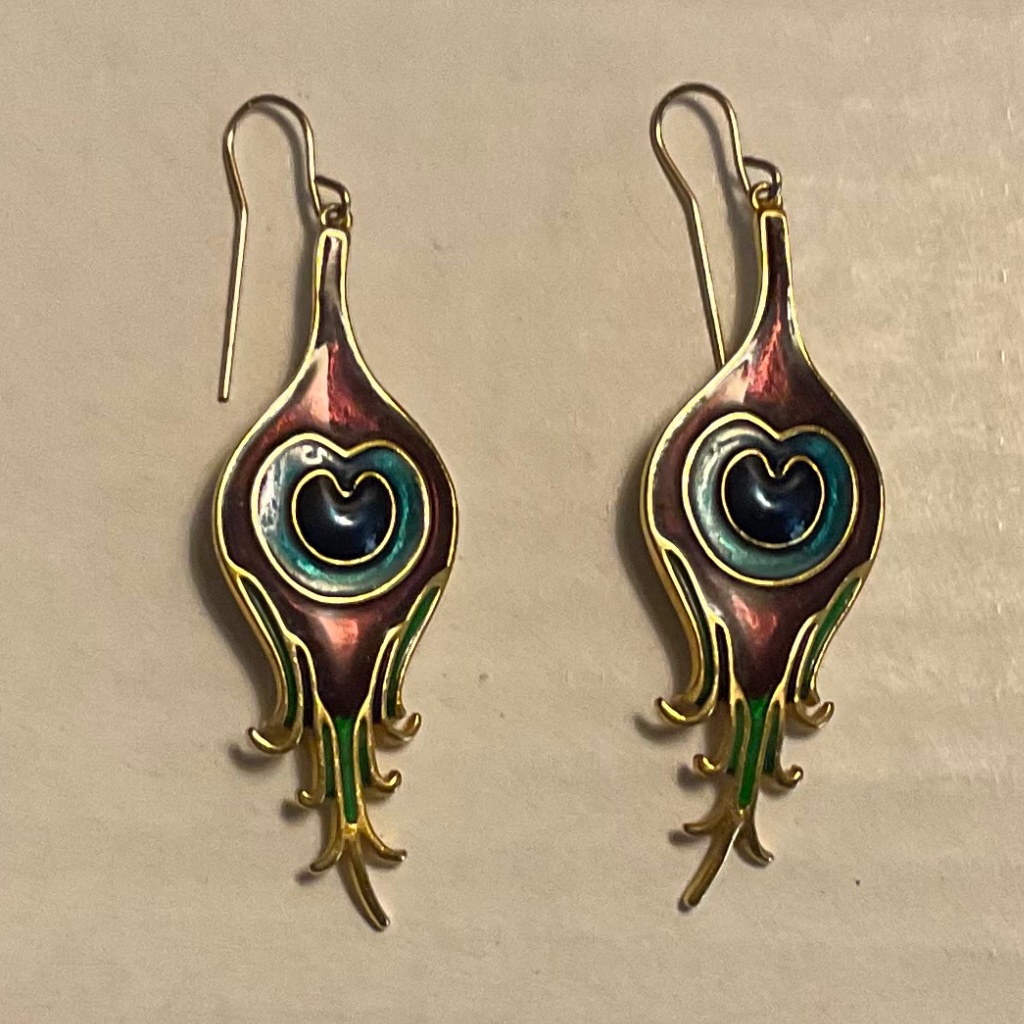 Mma Cloisonn Earrings Parisian Peacock Feather Heart Design 14kt Gold Filled 70$